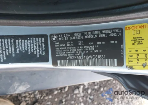 2006 BMW X3 3.0I z USA, uszkodzony, nr VIN WBXPA93416WG81831